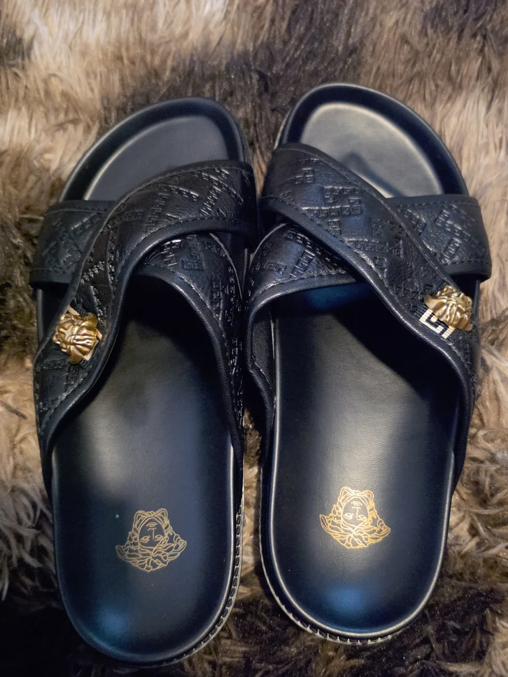Men's Black Slide Sandals with Gold Accent